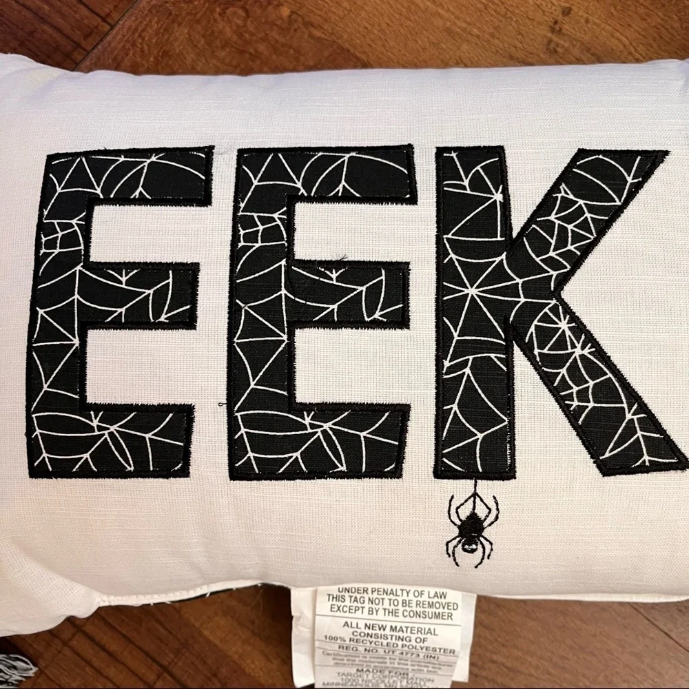 Brand new Halloween EEK! Pillow w/tassels black white spider webs rectangle